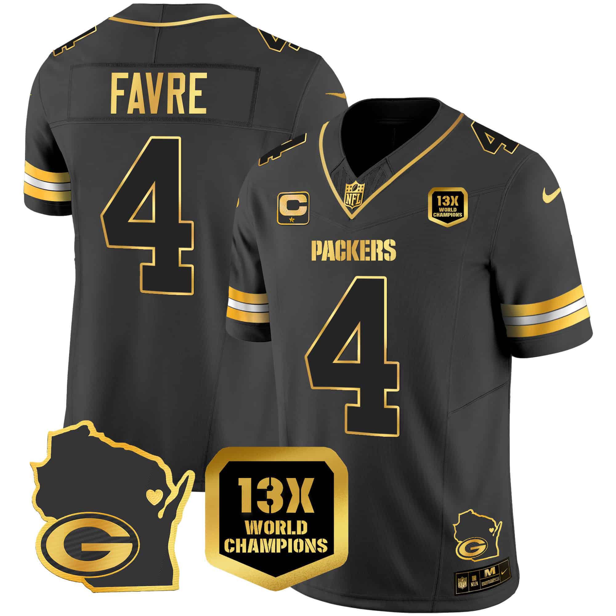Men Green Bay Packers #4 Favre Black Gold 2024 Nike World Champions Home Patch Vapor NFL Jersey style 2->indianapolis colts->NFL Jersey